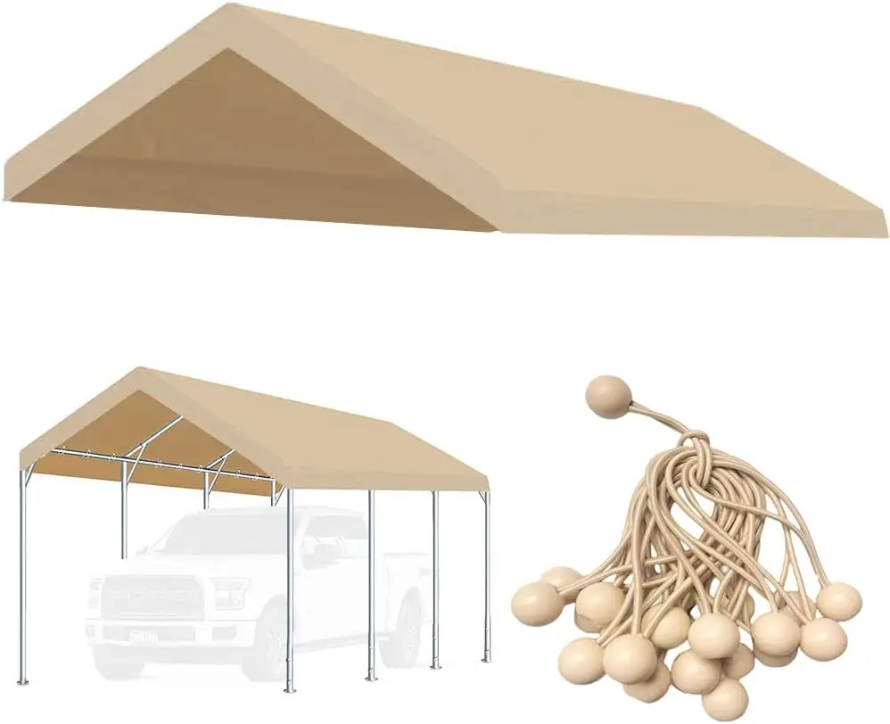 

12'x20' Upgraded Carport Replacement Top Canopy Cover for Car Garage Shelter Tent Party Tent with Ball Bungees Beige (Only To