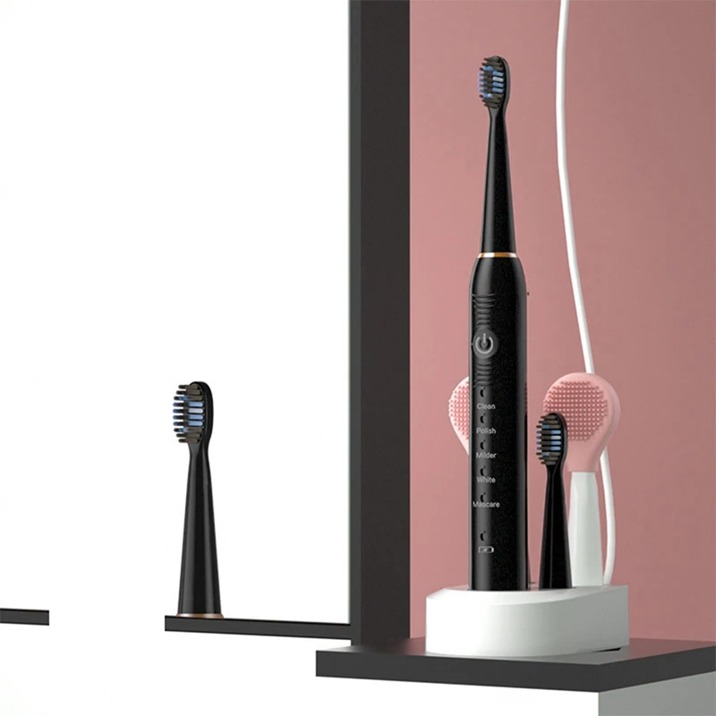 Escova de dentes elétrica sônica para adultos e crianças vibrador ultrassônico branqueador IPX7 4 cabeça de escova tipo bateria rosa