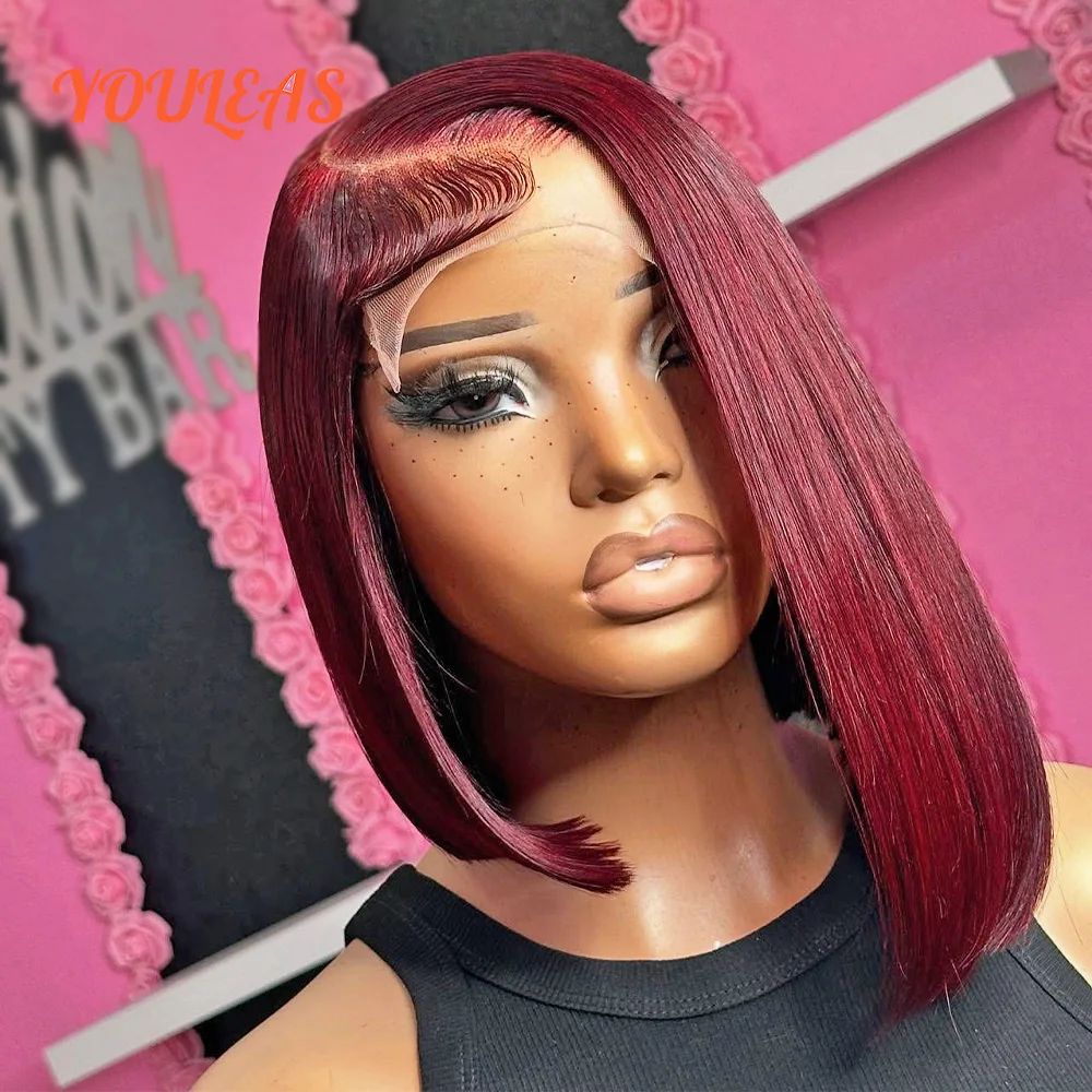 

Burgundy Bone Straight 99J Colored Short Bob Wigs 13x4 Transparent Lace Front Glueless Wigs Human Hair Pre plucked Ready To Wear