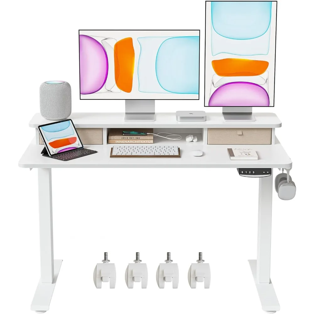 BANTI 48x24 Inch Electric Standing Desk with Double Drawers, White Top