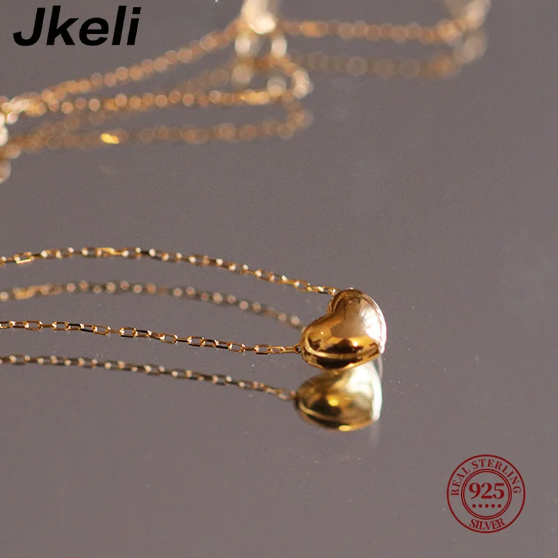 Jkeli S925 Sterling Silver Plated 18K Gold Small Heart Necklace Adorable Versatile Adjustable Clavicle Chain Jewelry Accessory