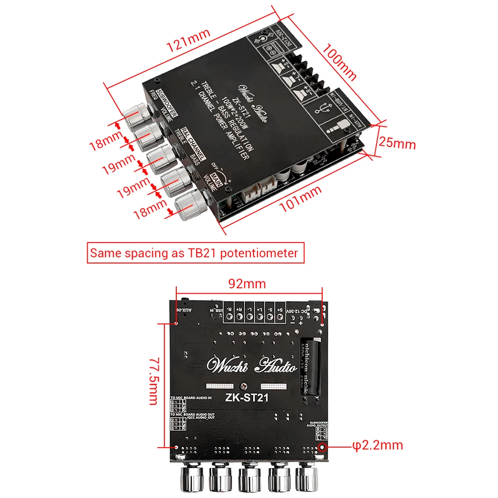 ZK-ST21 2.1 Channel Bluetooth Amplifier Board 100w+100w+200w Subwoofer TPA3221 Chip Support Bluetooth AUX U Disk Sound Card