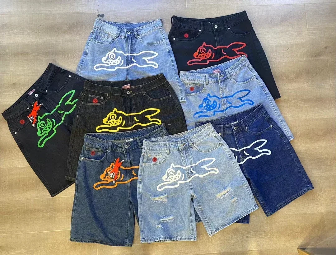 Amerikaanse Retro Denim Shorts 2024 Zomertrend Gepersonaliseerde Print Hondenbroek Casual Broek Sport Trendy Street Heren Shorts Ins