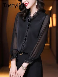 Elegante Frauen Chiffon Shirt koreanische Bluse Büro Spitze Mesh Langarm Rüschen V Necktops Casual Vintage Pullover Blusas 2022