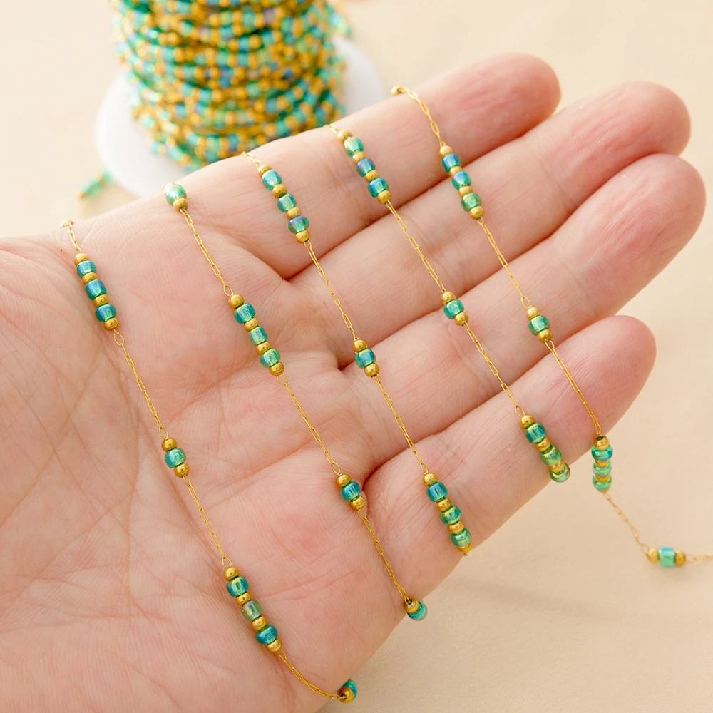 1 Meter Gemischte Farbige Perlen Schmuckkette Vergoldete Edelstahlkette Rosenkranz Perlenkette Großpackung Herstellungszubehör – Detail 2