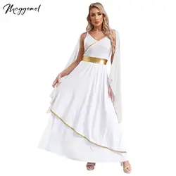 Womens Ancient Greek Toga Goddesses Costumes Party Halloween V Neck Sleeveless Gold Trims Toga Greece Roman Queen Cosplay Dress