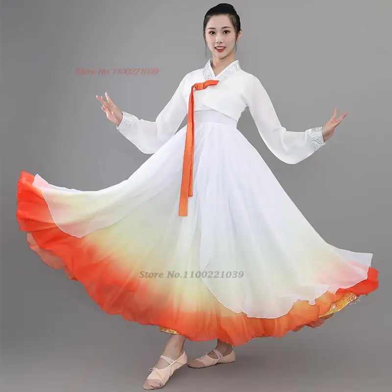 

2024 korean dance costume hanbok traditional dance dress gradient color folk dance suit national dance performance chiffon dress