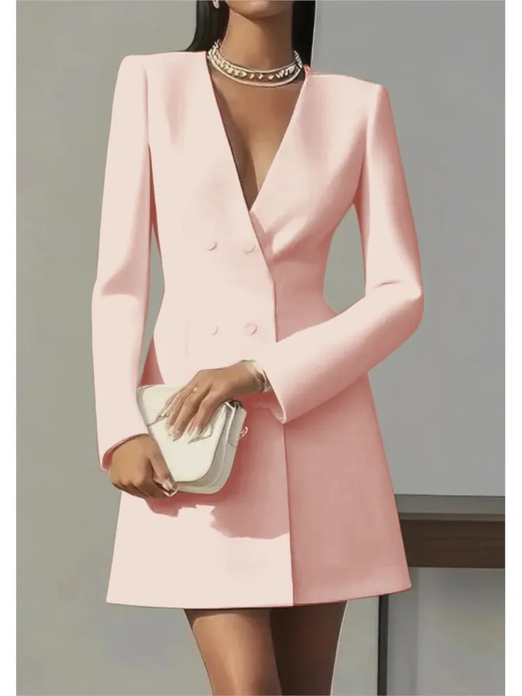 

Women's Fashion Solid Button Blazer Short Dresses Autumn Winter Sexy V-neck Party Dress Office Ladies Long Sleeve Slim Dress