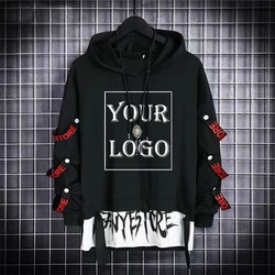 Custom DIY Men's Hoodies Casual Black Pullover Tops Hip Hop Harajuku Patchwork Japanese Streetwear With Streamers Sweatshirt