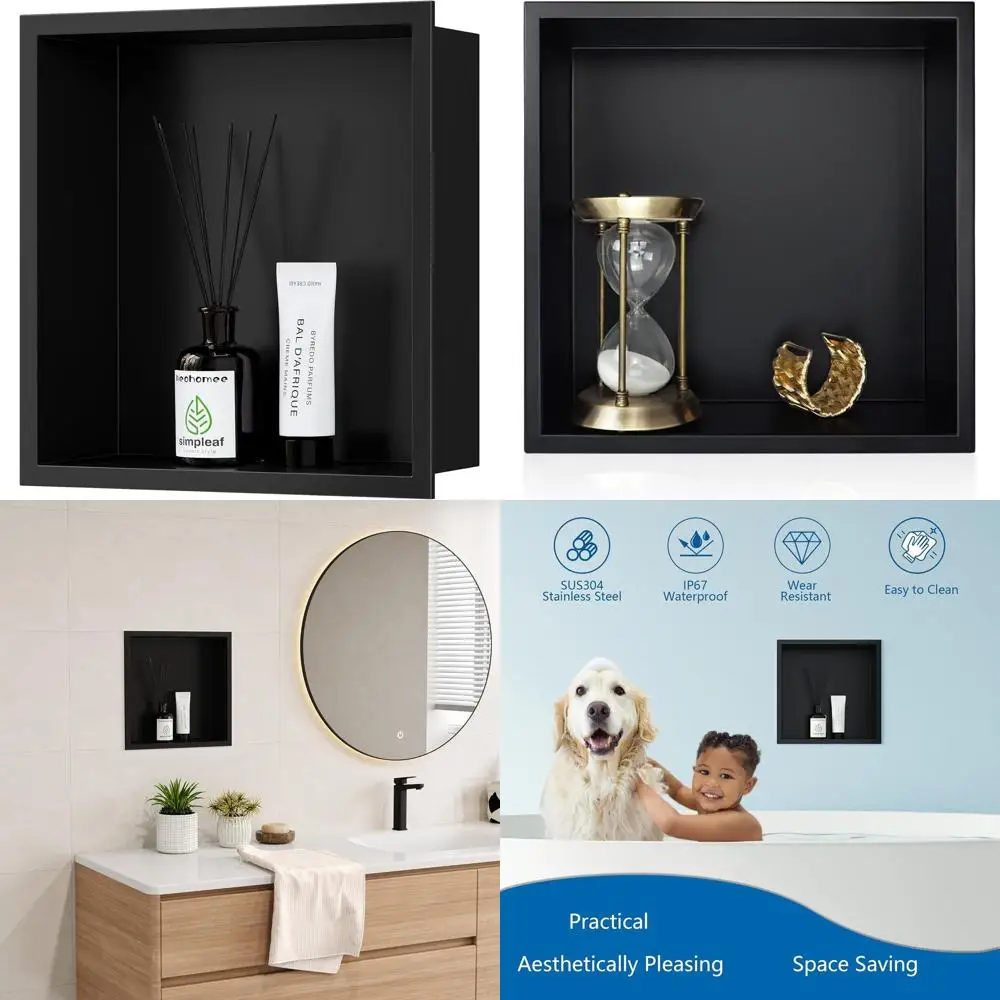 

12 x 12 Recessed Shower Cabinet, Waterproof Stainless Steel Shelf, Matte Black, No Tile Needed