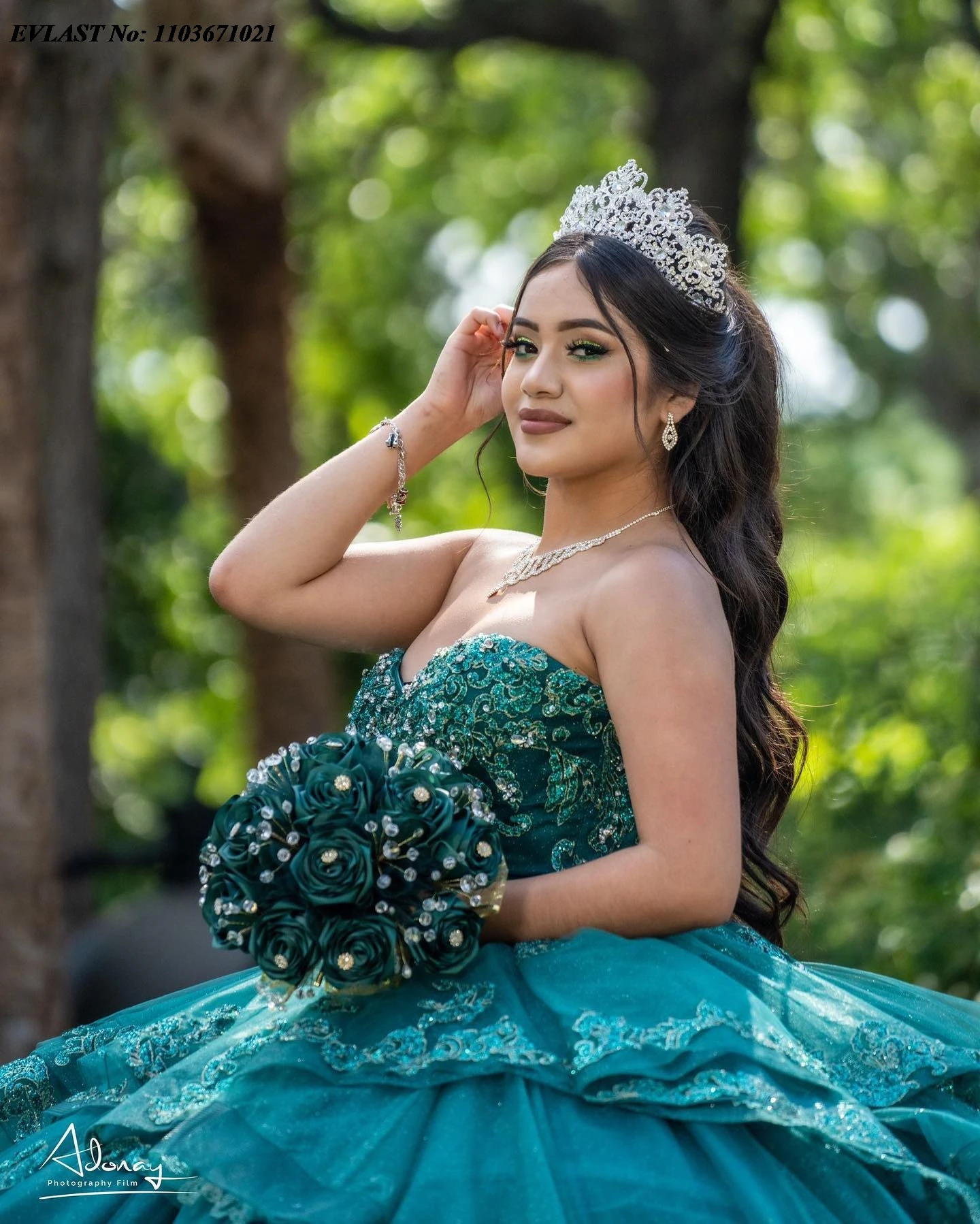 EVLAST мексиканское темно-зеленое платье Quinceanera бальное платье Кружевная аппликация бусины Многоярусные оборки корсет милое 16 Vestidos De Anos SQ369