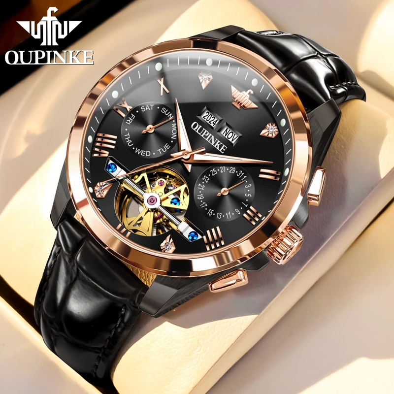 

OUPINKE 3186 Multifunctional Watch for Men Multifunctional Calendar Original Leather Strap Automatic Mechanical Men Watch