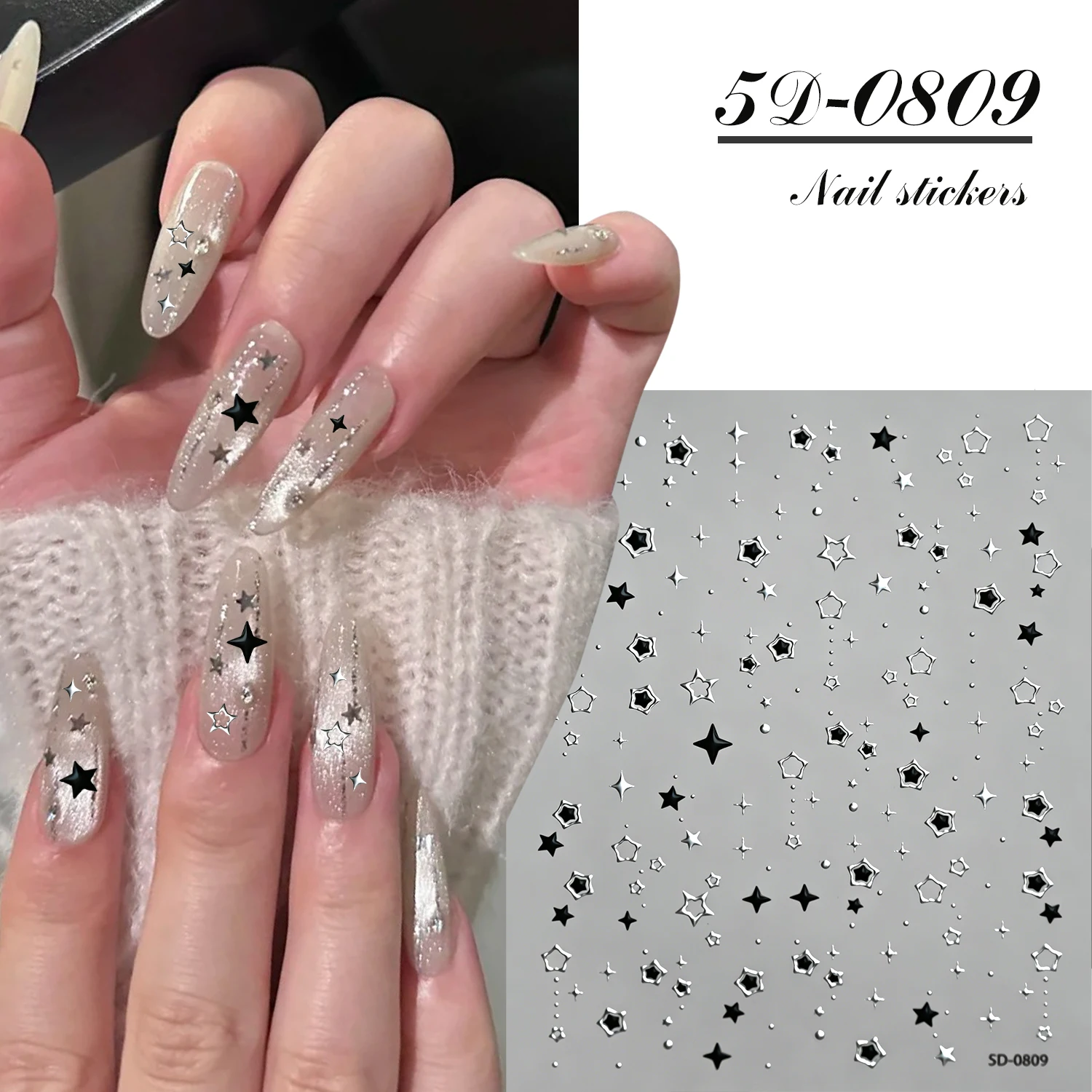1Pcs 5D Silver Black Star Nail Stickers Bronzing Hollow Out Starlight Self-Adhesive Nails Decals DIY Luxury Manicure Decorations