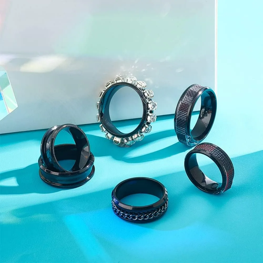 16pcs Stainless Steel Black Finger Ring 8 Sizes Blank Core Ring for Inlay Round Grooved Empty Ring Blanks with Velvet Making Kit