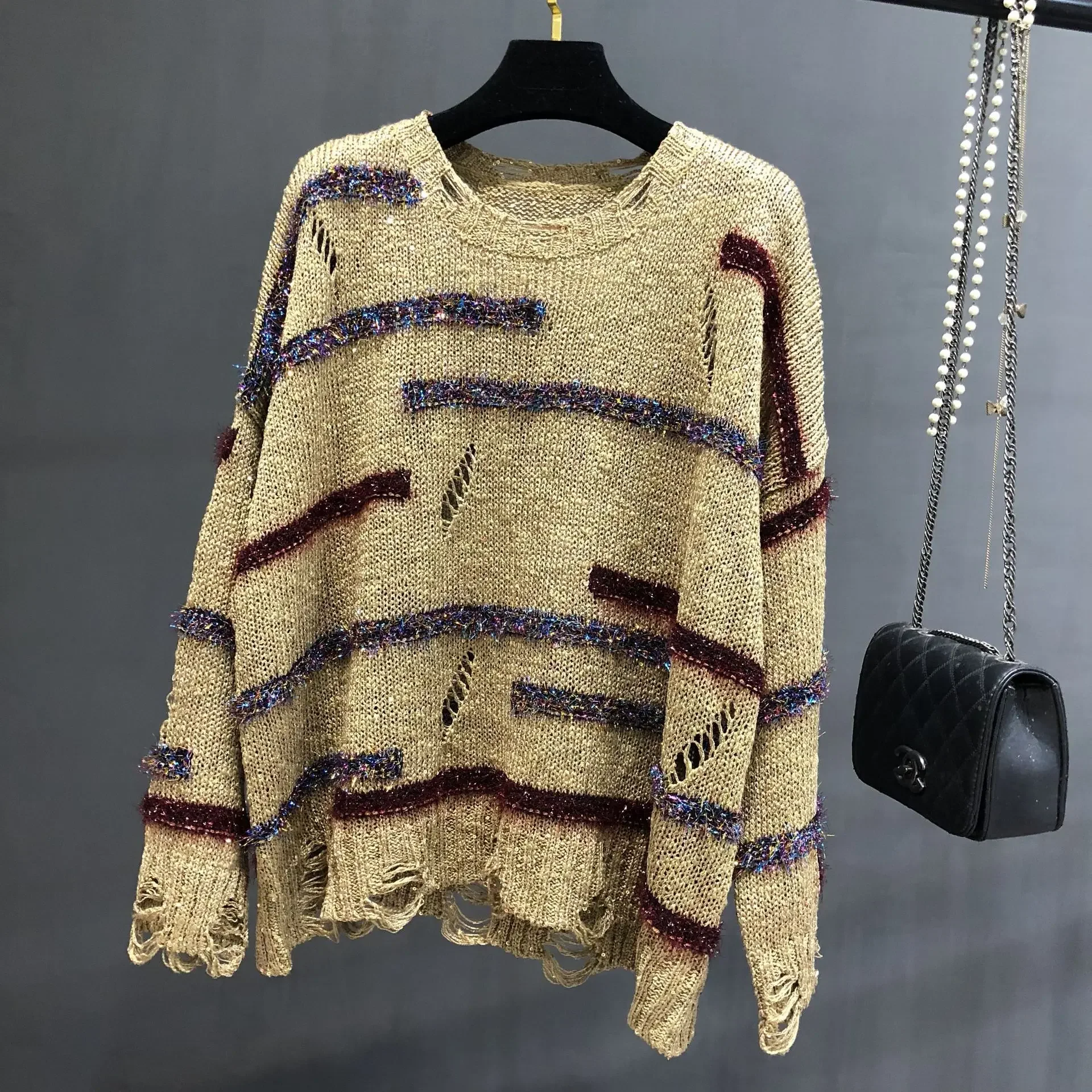 Spring Autumn New Loose Lazy Style Women Broken Hole Sparkling Knitted Sweater Bingbing Sparkling Silk Sweater Tops
