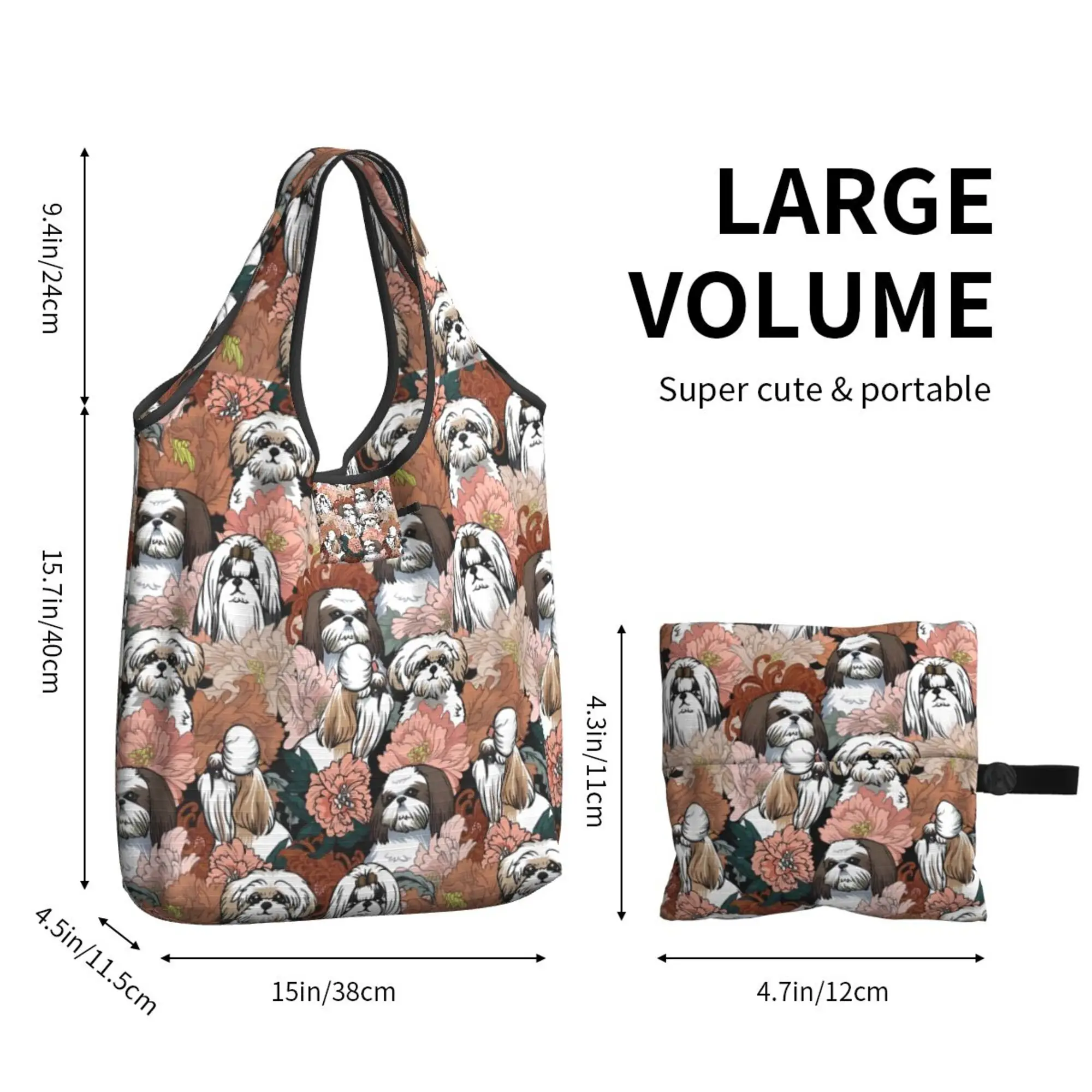 Bolsas de mano plegables ecológicas para compras al aire libre, bolsas de comestibles reciclables, lindas flores de perro Hih Tzu, mujeres y niñas, talla única