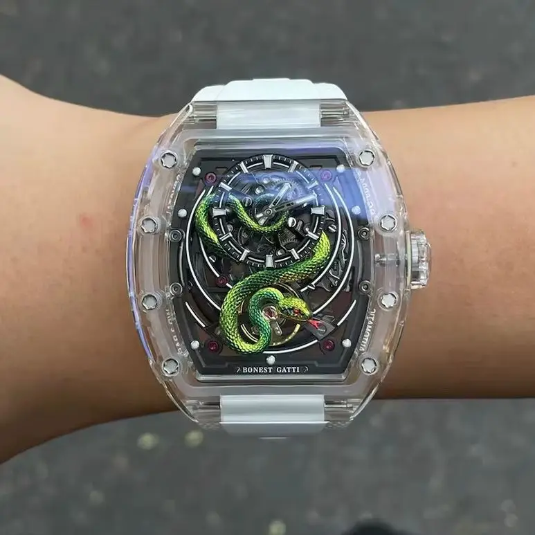 BONEST GATTI Men Automatic Watch Tonneau Mechanical Wristwatch Acrylic Case Waterproof Luminous Sapphire Snake Dial FKM Strap