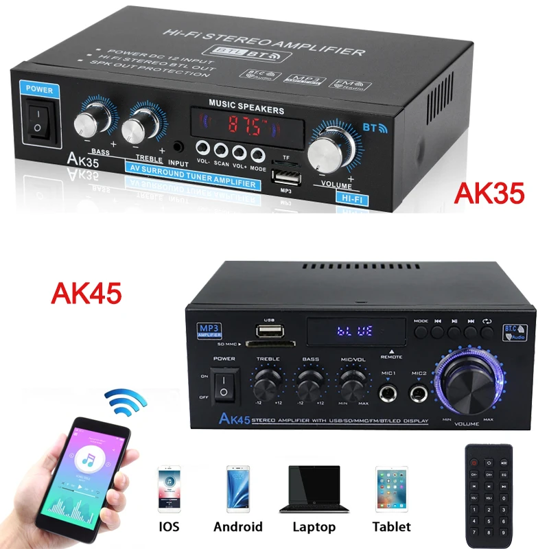 Bluetooth Digitaler Heimverstärker Audio-Bass-Leistungsverstärker Hifi FM Auto Musik Subwoofer Lautsprecher USB SD Mikrofoneingang AK45