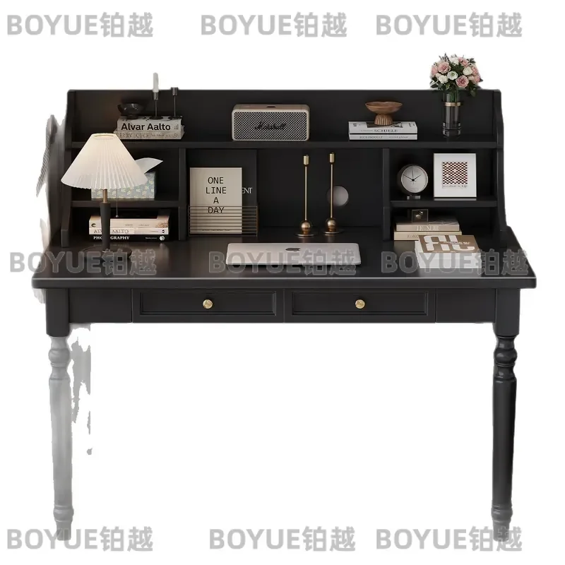 for American Style Black Makeup Desk with Bookshelf Integrated French Retro Study Table for Bedroom Small Computer Table