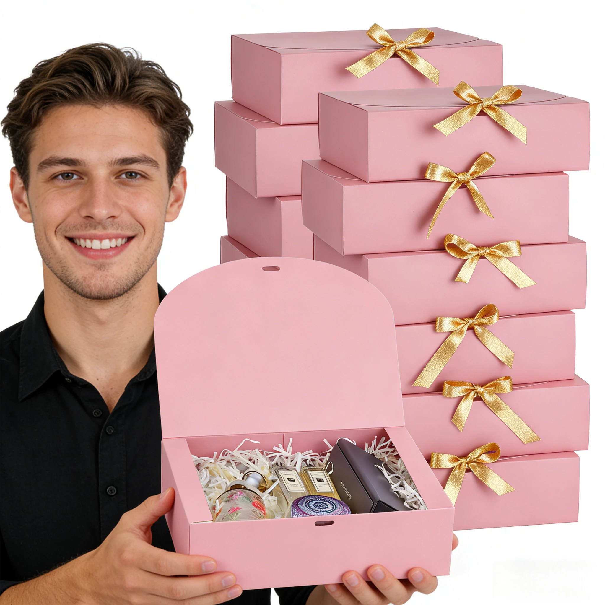 5 Stück schwarze Geschenkboxen mit Deckel, luxuriöse schwarz-rosa Geschenkboxen mit Schleife, Boxen für den Trauzeugen, Brautjungfernboxen, Abschlussgeschenke. – Detail 11