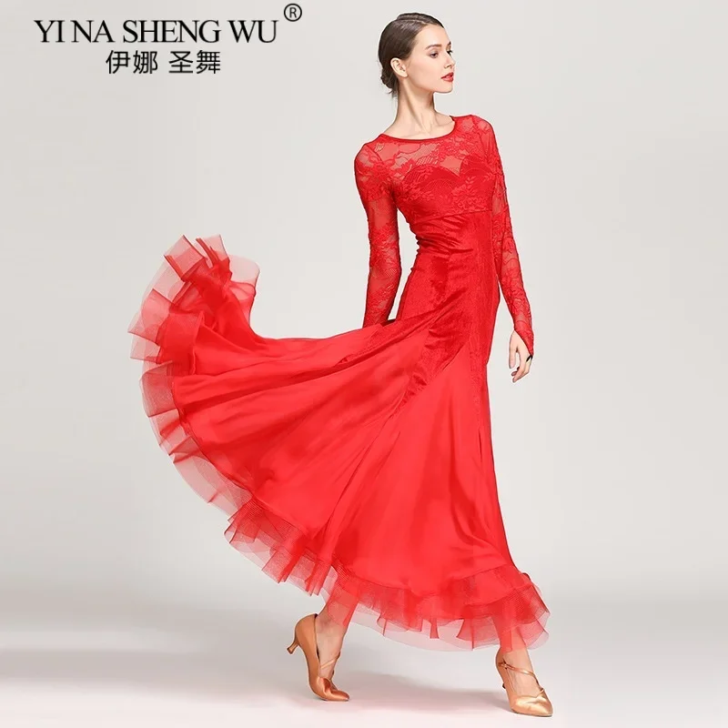 Robe Flamenco en velours et dentelle rouge pour femmes, Costume de danse de salle de bal espagnole en queue de poisson, robe de valse élégante, vêtements de Performance formelle