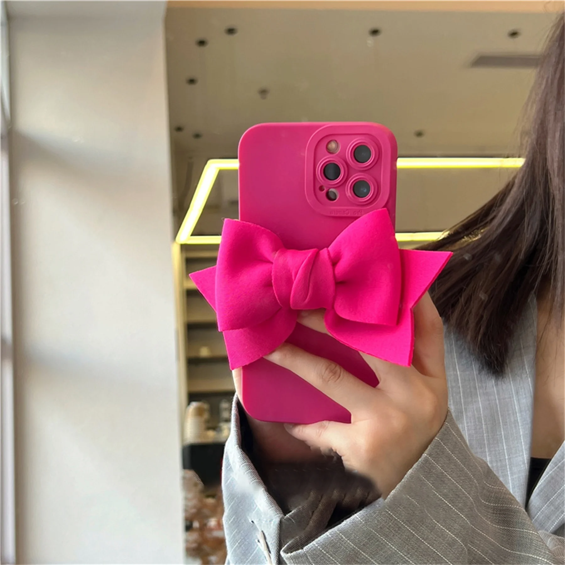 Luxury 3D Knitted Bow Solid Color Rose Red Phone Case for iPhone 16 15 14 13 Pro Max Shockproof Back Cover