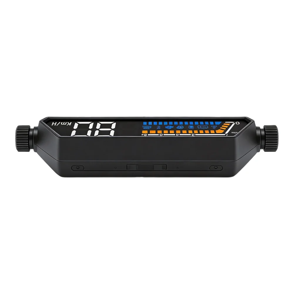 OBD2-Connected Head Up Display for Cars Featuring Dual Screen Output Front LCD and Projected Windshield Readings of Key Metrics
