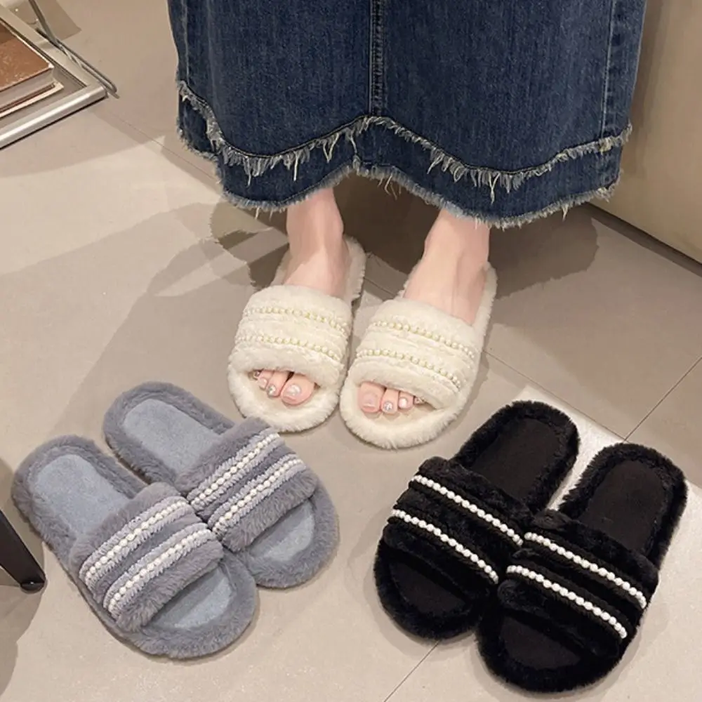 

Fashion Thick Sole Pearl Plush Slippers Non-Slip Fluffy Warm Fur Slippers Winter Indoor Outdoor Y2k Leopard Slippers Home