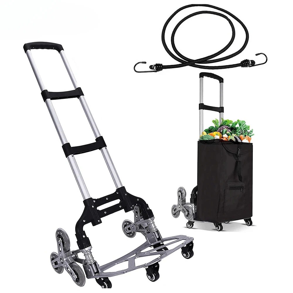 100KG All Terrain Stair Climbing Cart Hand Truck with Bungee Cord Folding Trolley for Upstairs Cargo with 6 Crystal Wheels