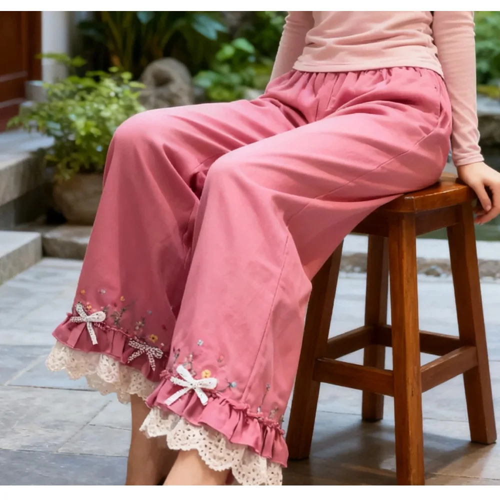 

Весенние прямые брюки 2026 в стиле Mori Girl с цветочной вышивкой по низу, хлопковые, женские, японские, кавайные, однотонные, повседневные, свободные