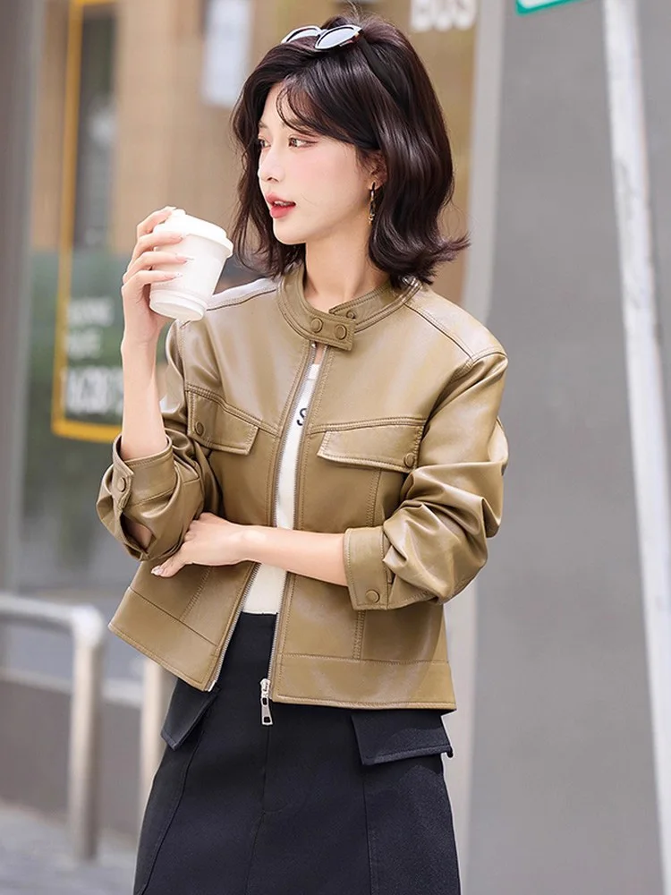 新作 レディース カジュアル スプリットレザー ジャケット 春 秋 ファッション スタンドカラー 長袖 ルーズショートコート 女性 レザージャケット