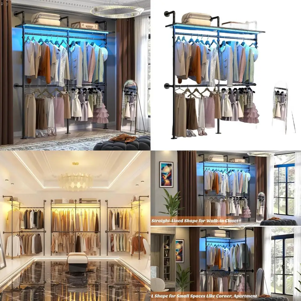 

Reversible 79.7'' Heavy-Duty Garment Rack with LED Lights and Shelves for Walk-in Closet System, Black Oak Finish