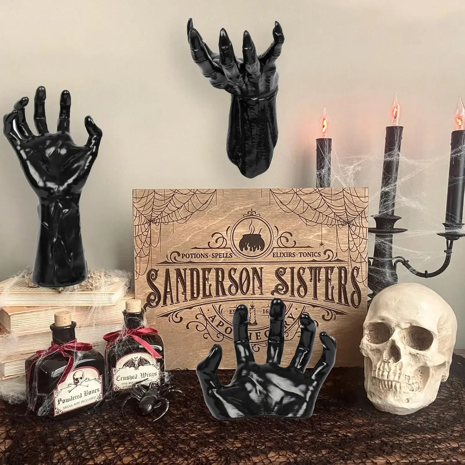 3pcs Wall Mounted Creepy Reaching Hands with Lighted Candles Life-Sized Horror Hands for Halloween Gothic Wall Decorations