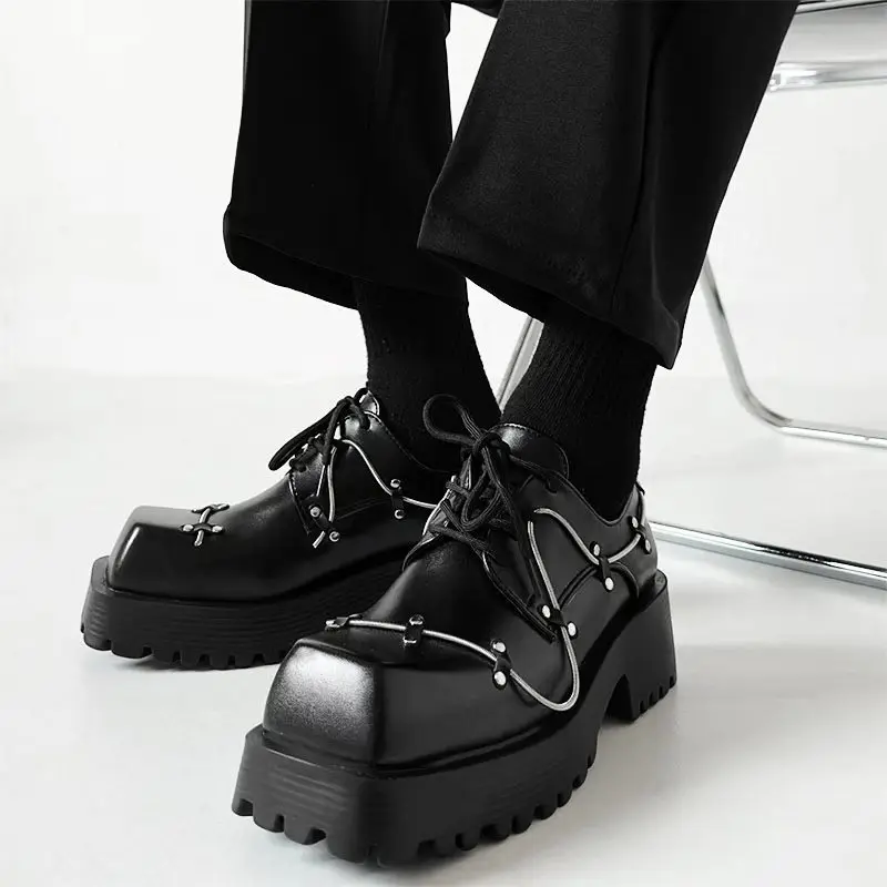 

Square Toe Platform Black Derby Shoes Women/men 2024 New Autumn Winter Fashion Lace-Up Wedges Thick-Soled Height-Enhancing Shoes