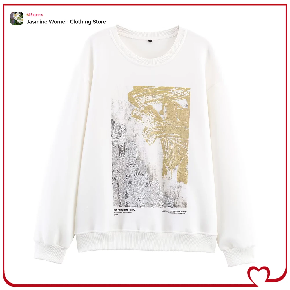 Autumn Stylish Women Metallic Sweatshirt with Ribbed Trim Casual Comfy Round Neck and Long Sleeve Oyster-white Cotton Sweatshirt