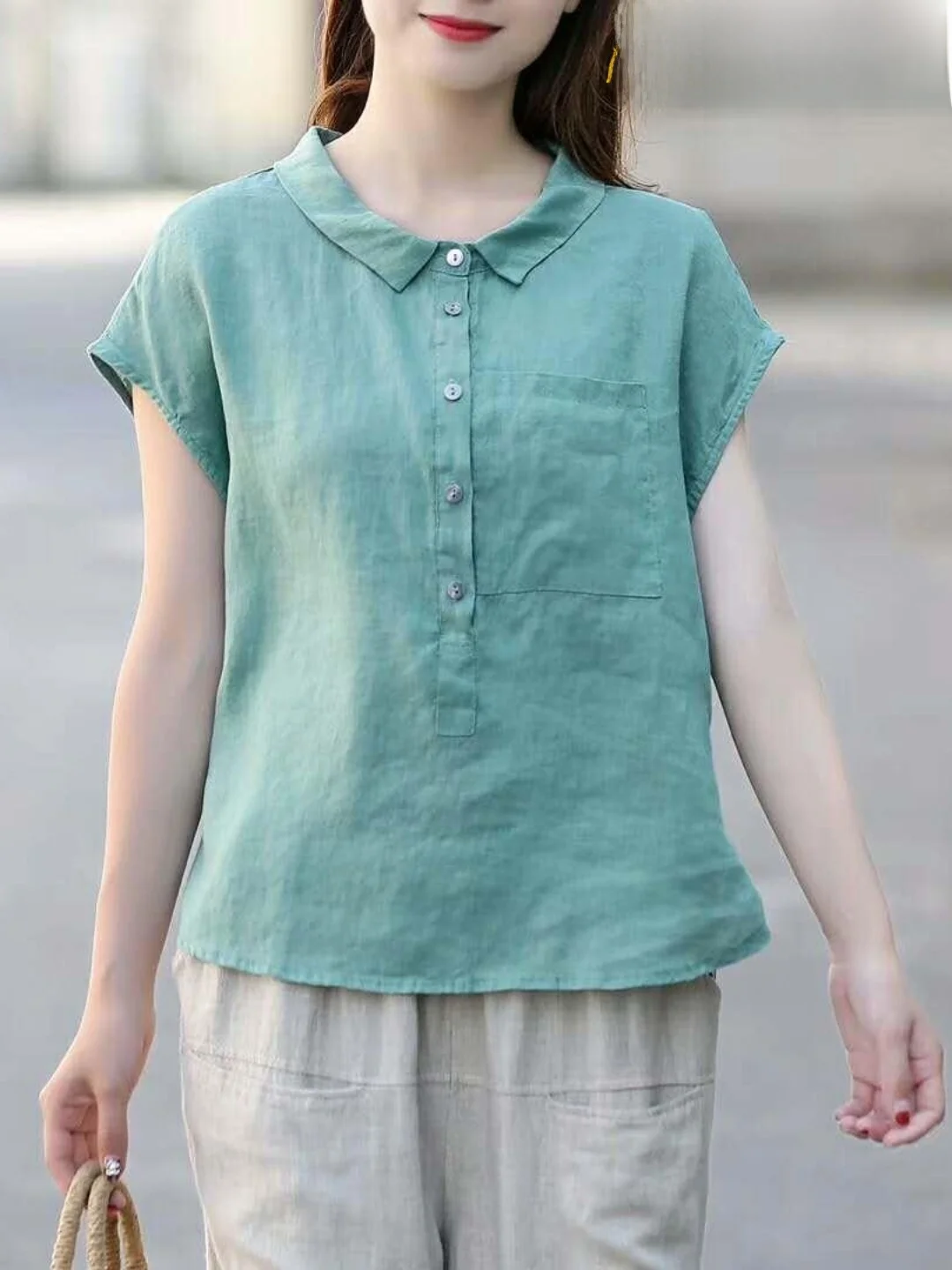 

Повседневная хлопково-льняная рубашка с коротким рукавом для женщин, модная рубашка-поло, универсальная, свободного кроя, лето 2023, на пуговицах, цветная