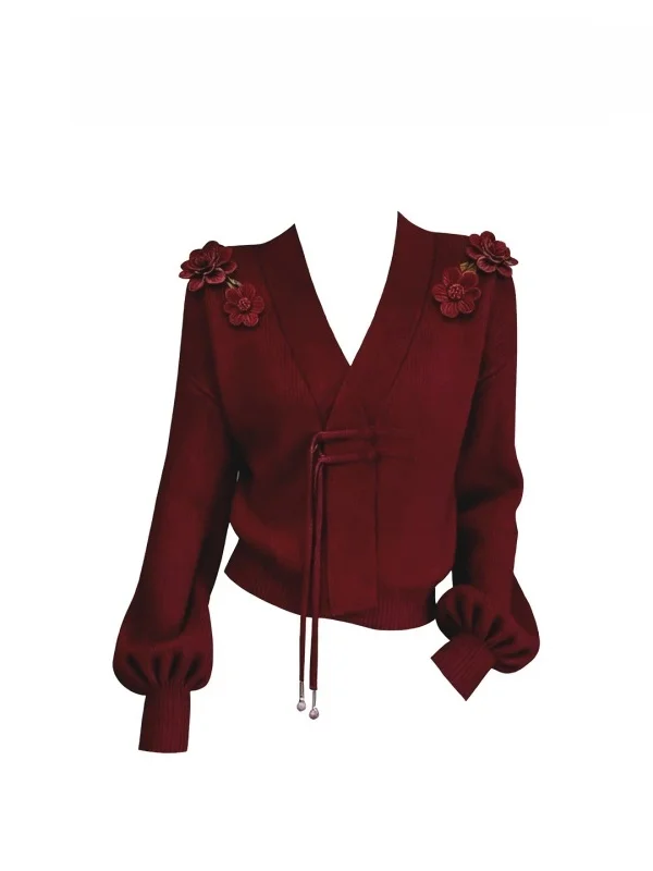 

Loose Long Sve V-Ne Red Knitwear Aosphere Simple Design Winter New Sle French Sle Soft Medium Flower Decoration