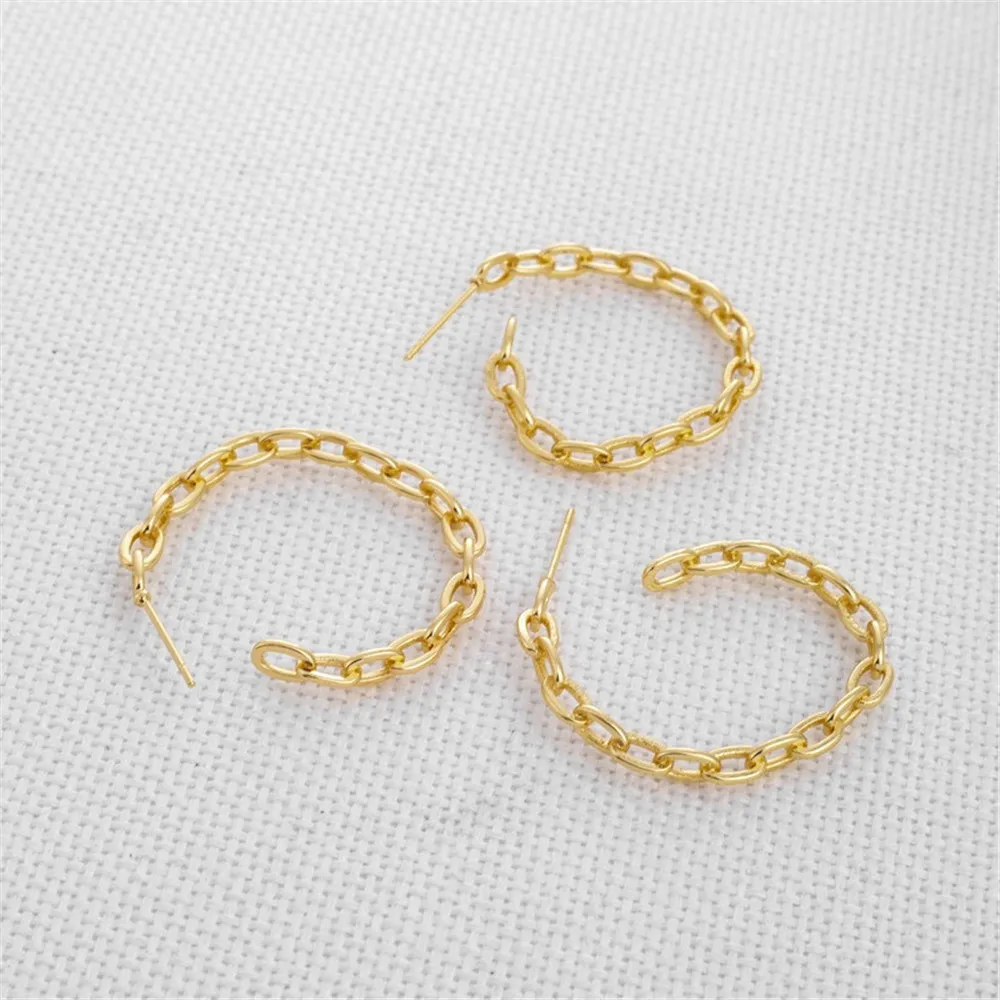 Copper-coated Gold Electroplated Thick Earrings, C Ring Chain Type, DIY Jewelry, 14K Cast, 30mm