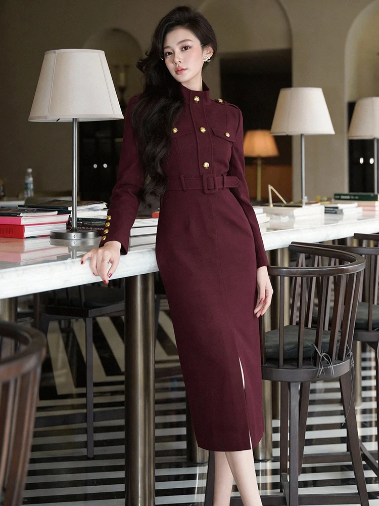 burgundy midi dress casual Women Elegant Stand Collar Belt Bodycon Slit Office Lady Classic Work Business Formal Occasion Robe 100% Cotton Lined Hand Modern Bridal Party Dress Asymmetrical Draped Stretch Satin Color:OLIVE GREEN
