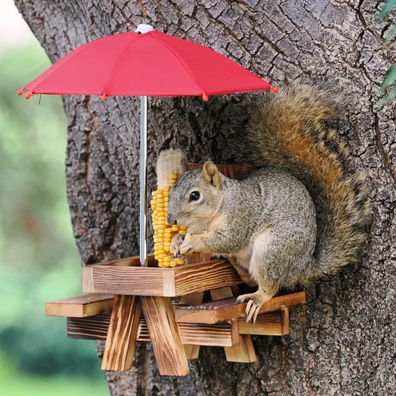 Wooden Squirrel Feeder Table with Red Umbrella Corn Cob Holder Durable Chipmunk Feeder Picnic Table for Outside Backyard Garden