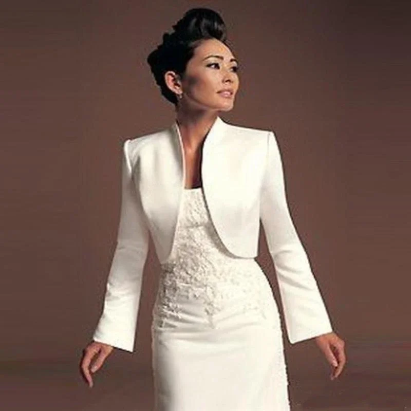 

Long Sleeve Formal Ivory Wedding Bolero Satin Bridal Jacket Good Quality Custom Made Wholesale Wedding Coat