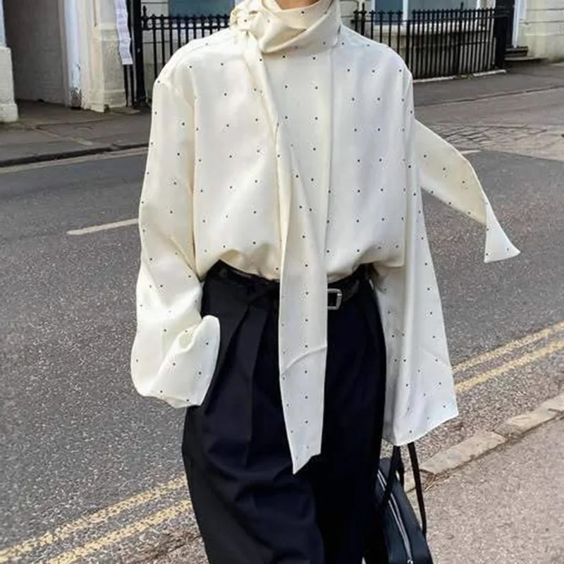 

Talenza Vintage Polka Dot Blouses Women's Casual Loose Scarf Ribbon Patchwork Shirts Top Fashion Elegant Commuting Women's Shirt