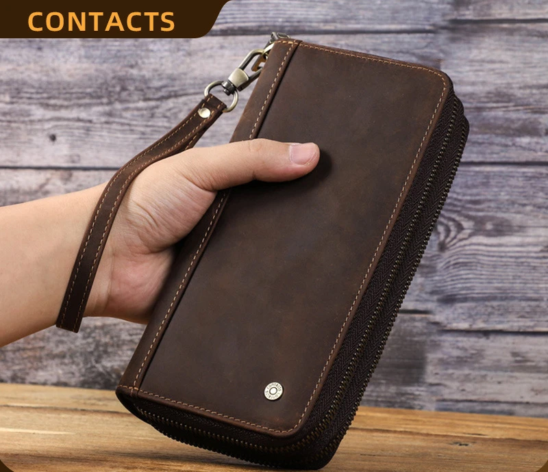 

Винтажный длинный кошелек Crazy Horse из воловьей кожи для мужчин, мобильный телефон с двойной молнией, большая емкость для хранения, ремешок на запястье, ручной кошелек