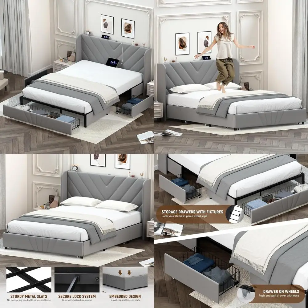 إطار سرير معدني بحجم كينج مع لوح رأسي منجد وأدراج تخزين ومنافذ USB ونوع C، لا حاجة إلى صندوق زنبركي #1