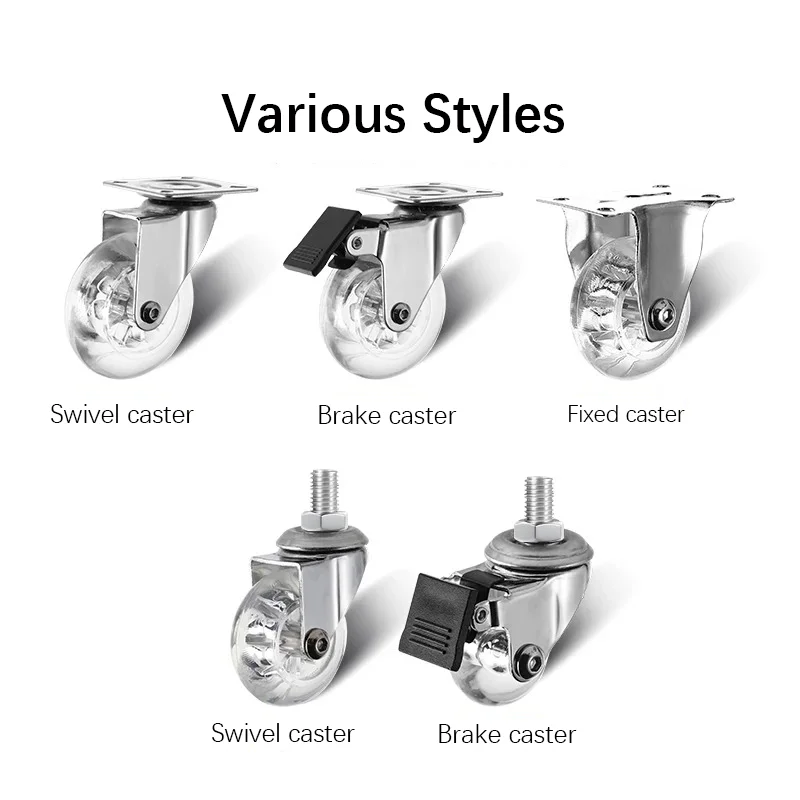 1pcs Transparent Silent Furniture Swivel Caster, 2 Inch 3 Inch Steering Brake Small Pulley, Universal PU Screw Rod Caster Wheels