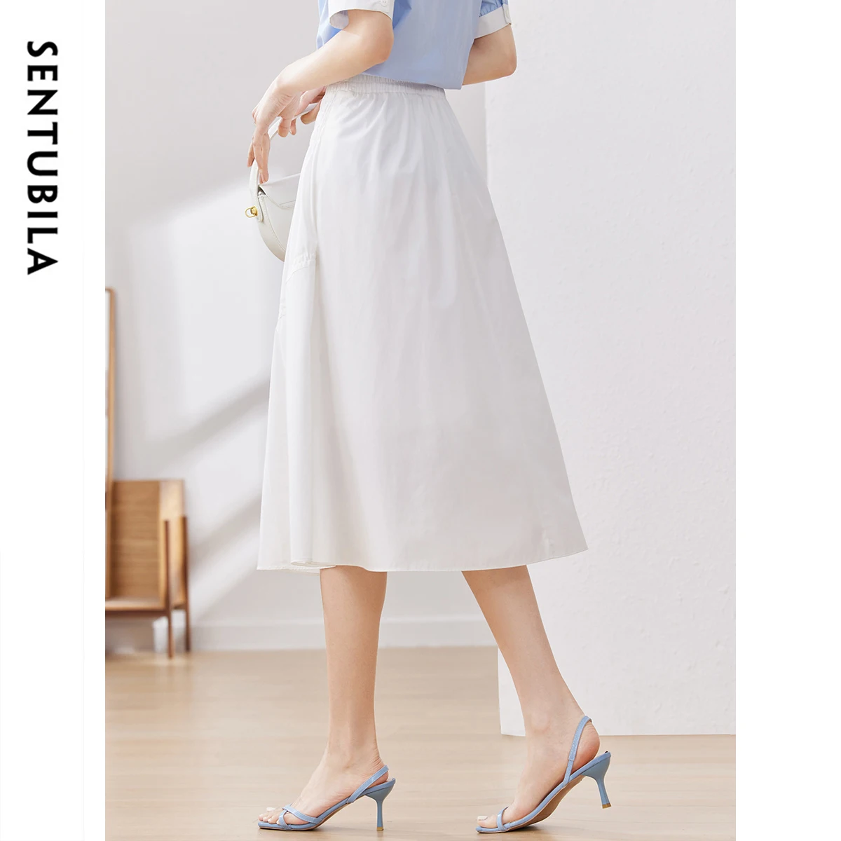 Sentubila White Elegant Skirt Women's Autumn New High Waist A-line Umbrella Shirring Solid Elastic Waist Skirt Casual 132Q48743