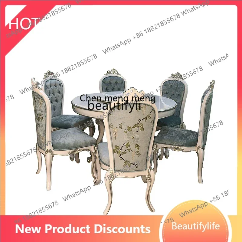 ss8350 French solid wood round dining table dining chairs European court luxury carved restaurant neoclassical round table