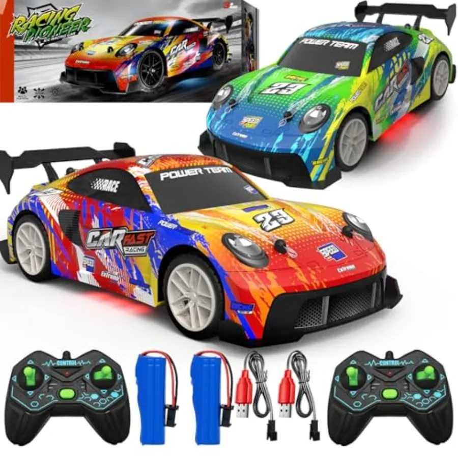

2 Pack RC Cars for and Boys, Girls 4-7-8-12, Remote Control Car, LED Lights, 4WD Racing Cars, 2.4GHz Dual Player, Colorful Graf