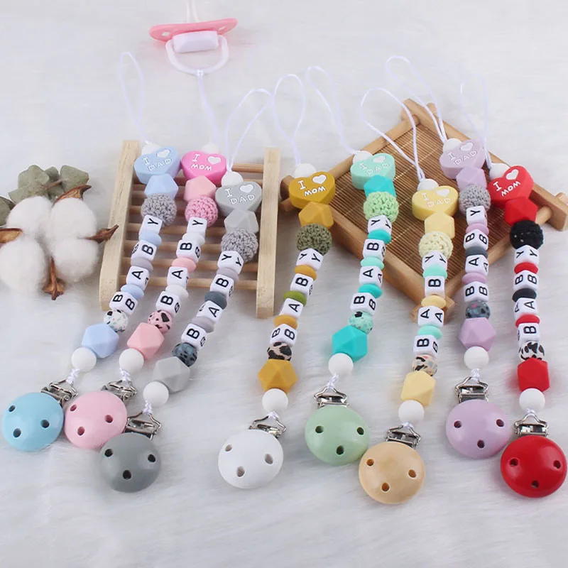 Custom Personalized Name Pacifier Chains for Baby Teether Newborn Toddler I Love Mom Silicone Clips Holder Babies Teething Toys