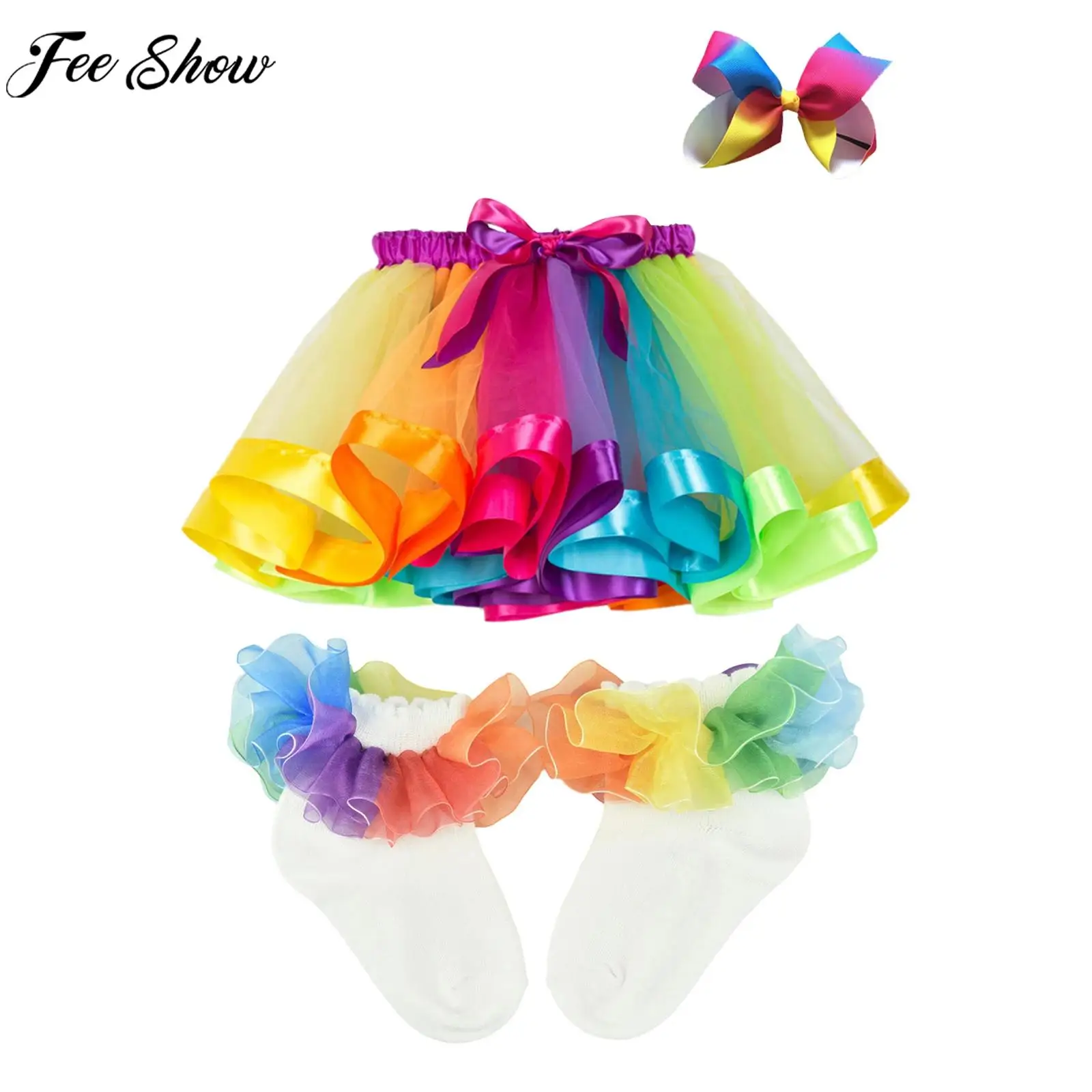

Детская многослойная фатиновая радужная юбка-пачка принцессы для девочек с повязкой на голову, носки для фотосессии на день рождения, Хэллоуин, платье